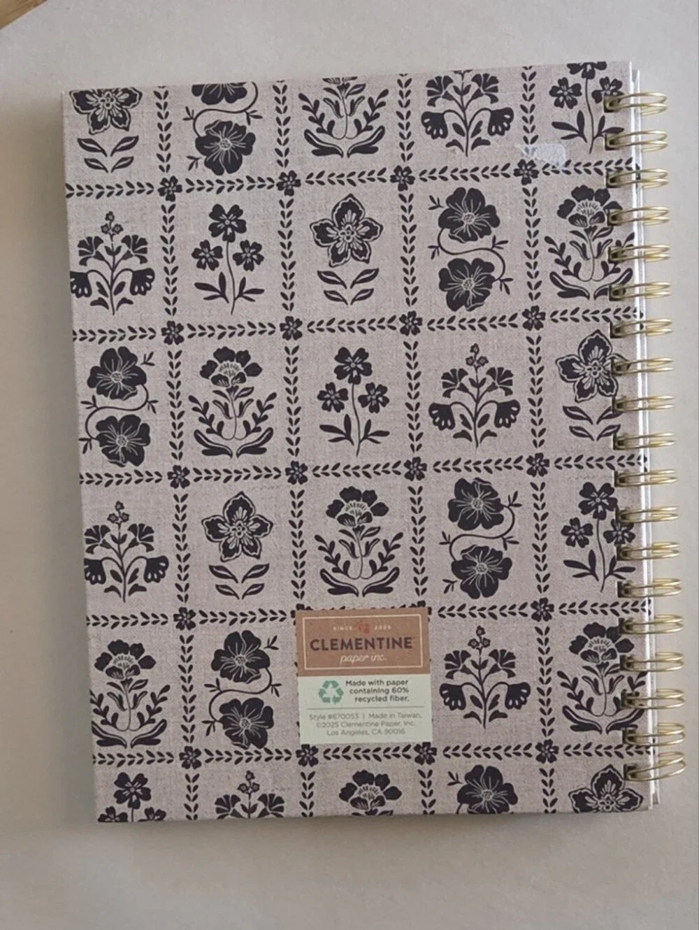 Clementine Black Floral Grid Large Spiral Hardcover Ruled Notebook